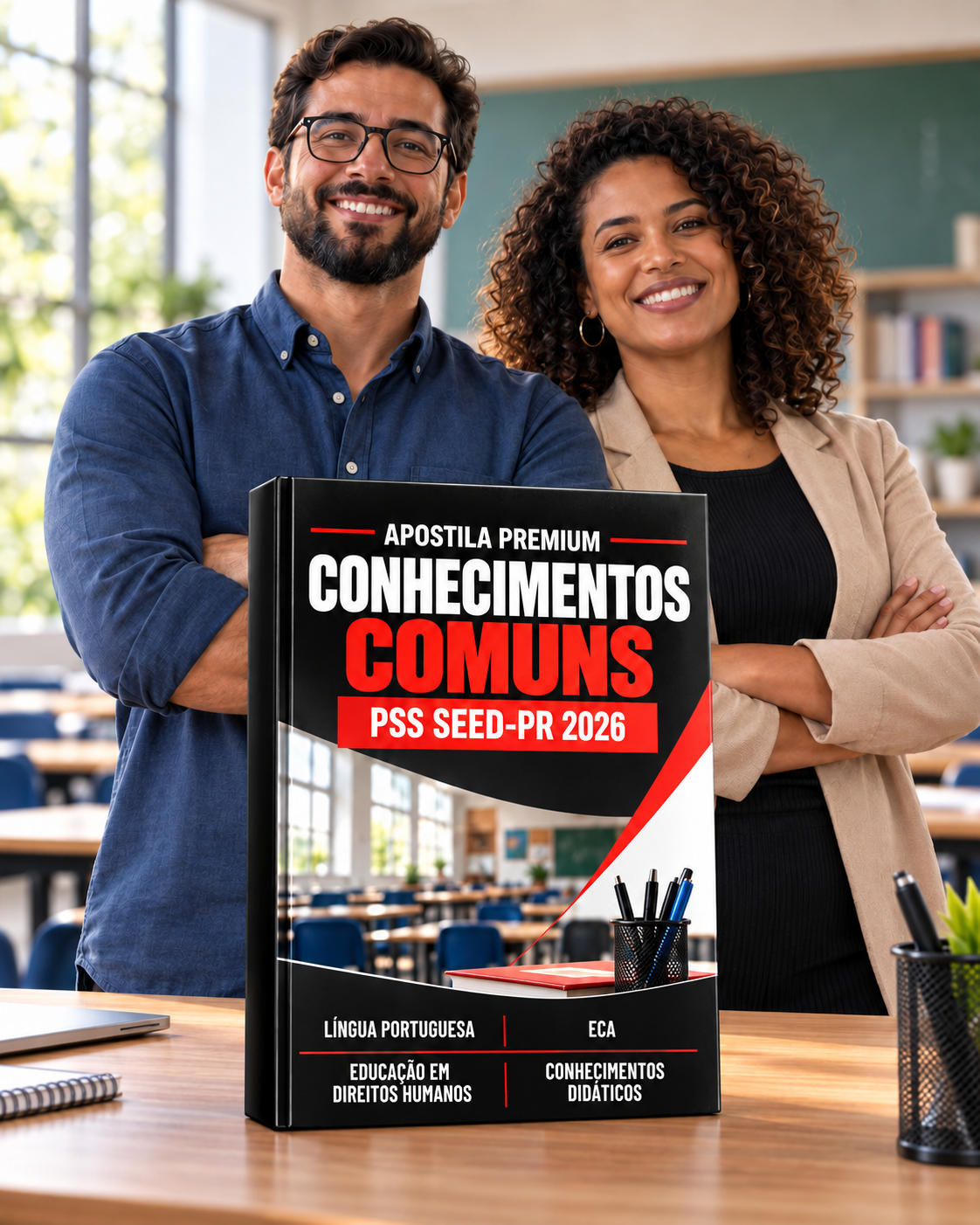 Dois professores com a Apostila Premium de Conhecimentos Comuns do PSS SEED-PR 2026