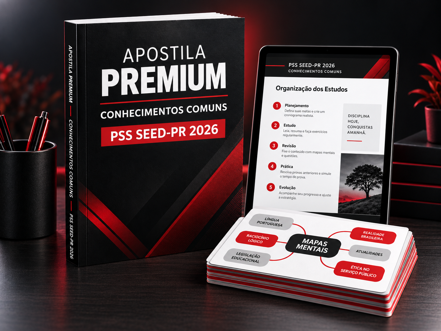 Apostila Premium de Conhecimentos Comuns acompanhada dos mapas mentais na paleta preta, branca e vermelha